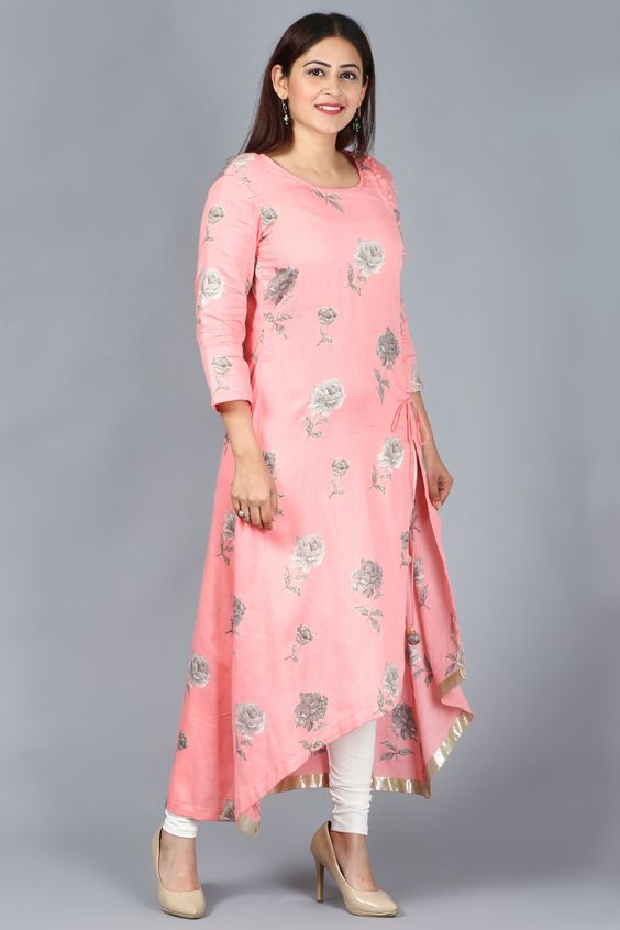 Crepe Light Pink Kurti with Lace Hem and Front Slits